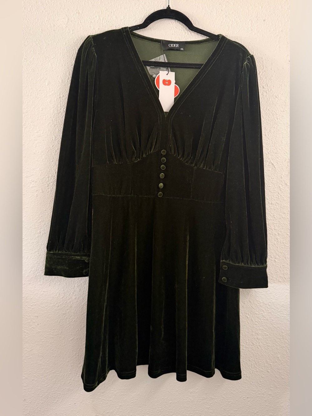 Cider Dark Olive Velvet V-Neck Long Sleeve Midi Dress